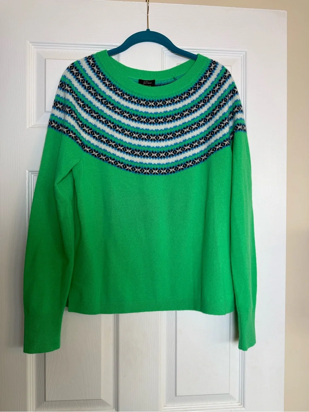 J.Crew 100% Cashmere Fair Isle Sweater Green Blue Nordic Print Size M